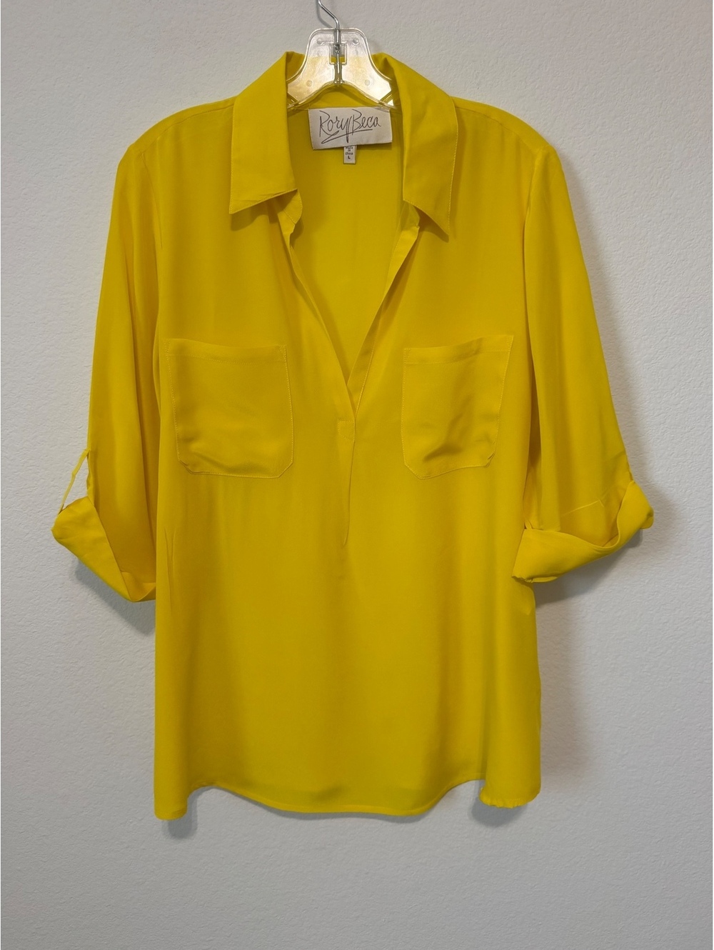 Rory Beca 100% Silk 3/4 Sleeve Collared V-Neck Yellow Sheer Blouse Size L